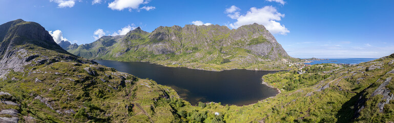 Obraz premium Aerial view over Lake Agvatnet in Lofotodden National Park, with peak of Mengelsdalstinden in background. A i Lofoten in Lofoten district of Norway