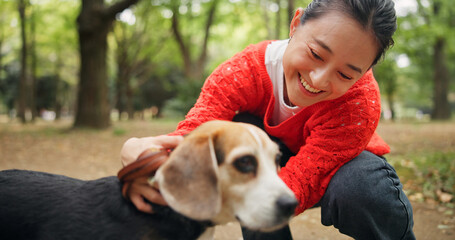 Nature, laugh and woman with dog in forest for bonding, companion and love for adoption. Happy,...