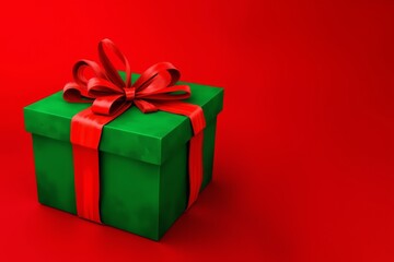 Fototapeta premium Eine grüne Geschenkbox mit roter Schleife steht auf einem roten Hintergrund mit Textfreiraum. Ideal für Weihnachtskarten und Grußkarten. Minimalistisch und festlich. Generative KI.