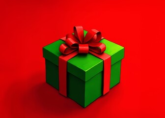 Fototapeta premium Eine grüne Geschenkbox mit roter Schleife steht auf einem roten Hintergrund mit Textfreiraum. Ideal für Weihnachtskarten und Grußkarten. Minimalistisch und festlich. Generative KI.