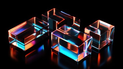 Colorful glass blocks with reflections on a black background at night