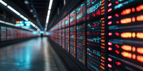 A modern stock market scene featuring illuminated display panels filled with rows of digital data, capturing the fast-paced essence of financial trading environments.