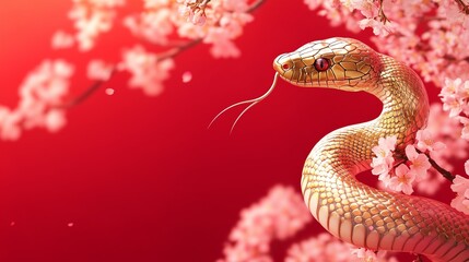 Golden snake in cherry blossom branches, Close-up of snake head and blossoms, Serpent symbolizing elegance and vitality