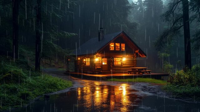 Warm and cozy cabin in the middle of the rainforest with shining lights
