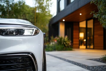 Fototapeta premium A sleek luxury car is parked in the driveway of a modern, stylish house, showcasing contemporary architecture and lush greenery in the soft light of sunset.