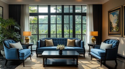 Fototapeta premium Chic and Cozy Living Room with Light Blue Sofas, Black Wooden Coffee Table, and Elegant Gold Wall Art