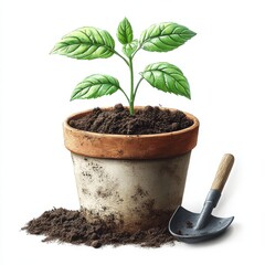 Freshly planted pot showcases sprouting green leaves and garden tools on a clean white background