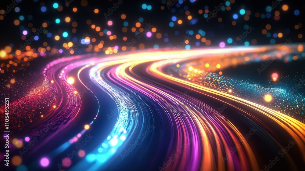 Poster abstract tech background shows light trails moving along road. vivid colors create dynamic effect su