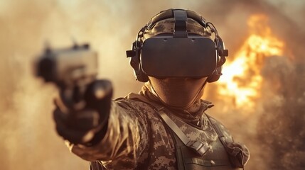 Military personnel using VR headset for combat training, pointing a handgun amidst a fiery explosion