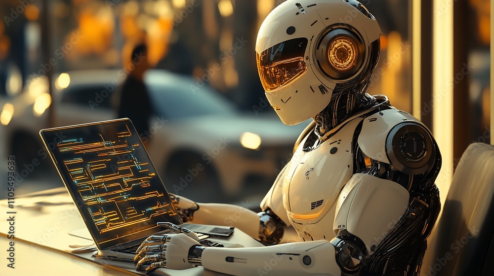 Aufkleber futuristic robot using laptop, coding in city.