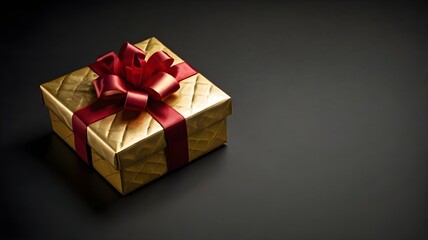 Fototapeta premium Elegant Gold Gift Box with Red Ribbon on Black Background.Luxury Present Wrapped in Gold with Satin Bow.Minimalist Gift Design: Red Bow on Gold Box.