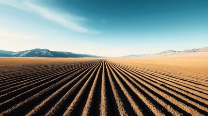 Vast agricultural field with neatly plowed rows under a clear sky, surrounded by distant mountainous landscape.