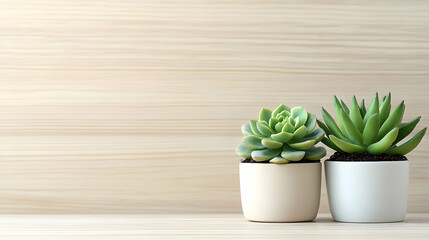 Two Succulents in Pots on Wooden Background; Peaceful Home Decor, Minimalist Style
