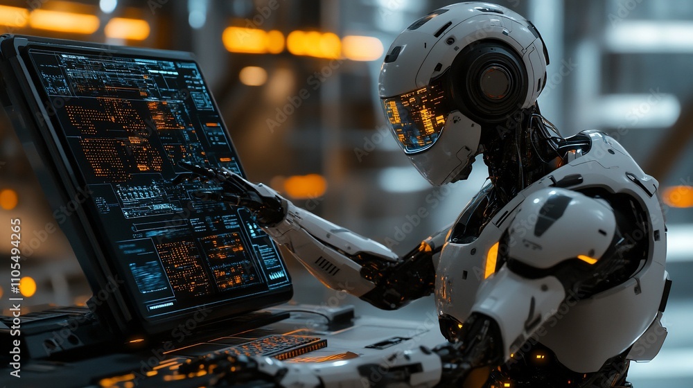 Poster Futuristic robot operating a computer interface.