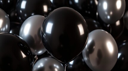 Black, silver balloons closely grouped together. Abstract view of bunch of glossy balloons in dark background. Shiny black, grey balls. Ideal for party celebration. Stylish decor elements. Macro shot