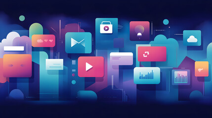 Abstract Digital Interface Illustration Depicts a Network of Colorful Icons and Geometric Shapes Communicating Data and Information Visually.