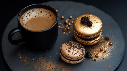 A dark and moody coffee in a black cup, and beans, holiday cupcakes, and pine branches with a gold glitter touch, for festive season, Generative AI