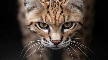 Fototapeta premium Close-up of a serval cat face with intense gaze and distinctive spotted fur pattern