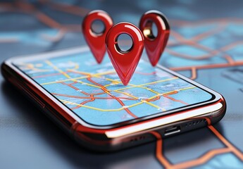 3D smartphone with map, red pins, and floating location sign on dark background