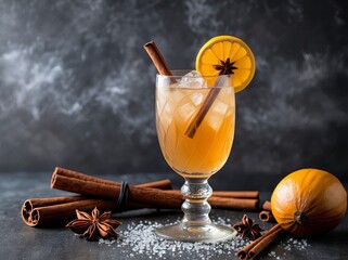 Koktajl z cynamonem, anyżem i plasterkiem cytryny na tle ciemnej powierzchni © AltisArt