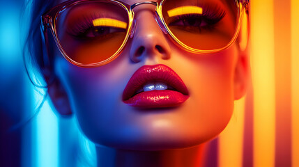 Close-up of Woman's Face with Sunglasses, Lit by Vibrant Neon Lights,  Creating a Bold and Stylish Image.