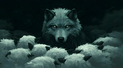 Obraz premium A Lone Wolf, Eyes Glaring, Stands Before a Flock of Sheep in the Dark, Illustrative Painting