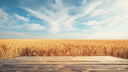 Desk above wheat field with space for display. Fall harvest background.