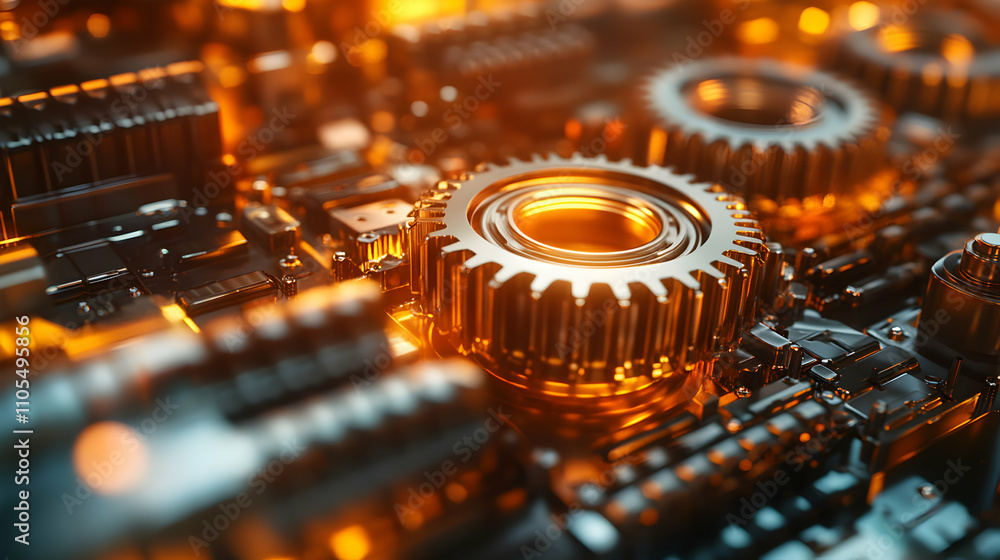 Poster 3d render of golden gears intermeshed on a circuit board, illuminated with warm light