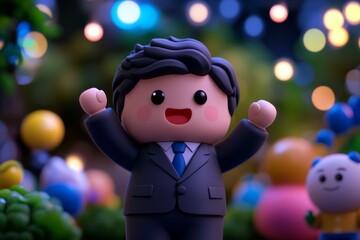 Cute Cartoon Character in Suit Celebrating with Colorful Festive Lights