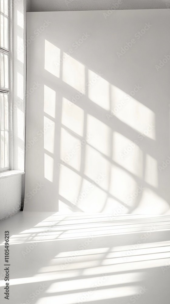 Poster sunlight casts geometric shadows through a window onto a pristine white wall, creating a mesmerizing