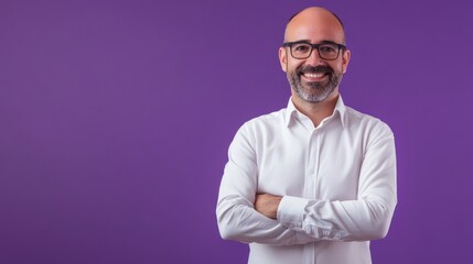 Man with glasses and white shirt on a purple background