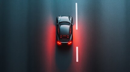 An overhead shot capturing a miniature toy car in motion on a gray, isolated road. The toy car's headlights are illuminated, illuminating the path ahead, against an empty backdrop of negative space