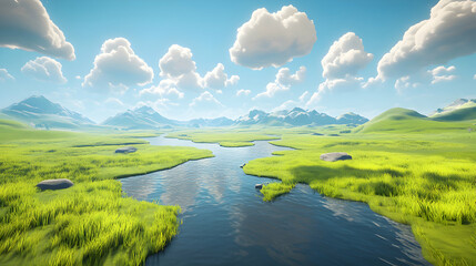 Serene 3D Render: River Meanders Through Lush Green Meadow, Under a Sunny Sky with Fluffy Clouds, Creating a Peaceful Landscape