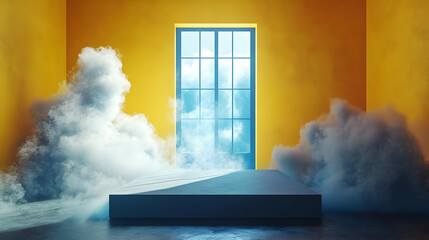 Abstract 3D Render: Yellow Room, Clouds, Platform