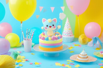 Pastel Birthday Cake With Cute Kitten Decoration