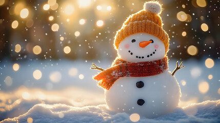 Fototapeta premium Winter holiday christmas background banner - Closeup of cute funny laughing snowman with wool hat and scarf, on snowy snow snowscape with bokeh lights, illuminated by the sun