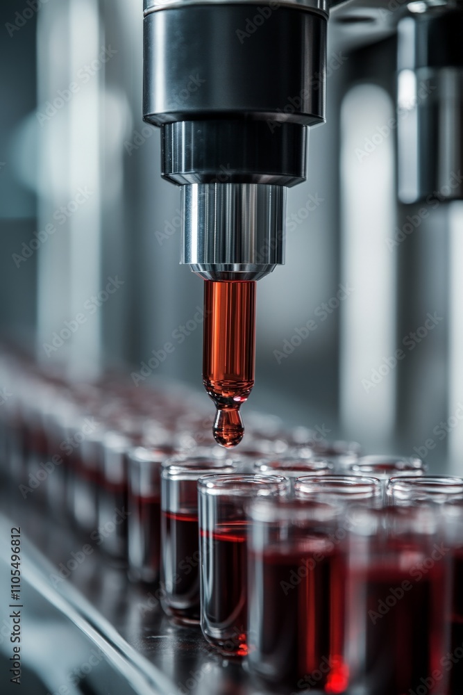 Poster a precise capture of a droplet of liquid suspended from a machine in an advanced laboratory, showcas