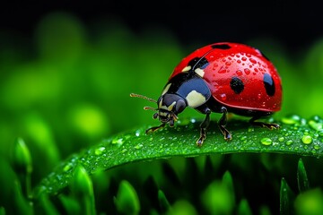 Obraz premium Macro Shot of Ladybug with Water Droplets on Green Leaf