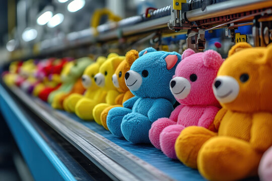 Toy factory, Colorful plush bears lined up in a factory setting, showcasing a variety of pastel colors and soft textures.