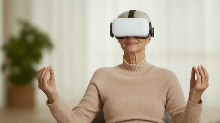 Virtual reality and accessibility, A senior woman practices mindfulness while wearing a VR headset, showcasing the intersection of technology and wellness in a serene environment.