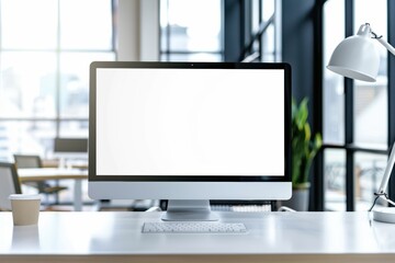 Fototapeta premium Futuristic office with a blank white screen, perfect for customization