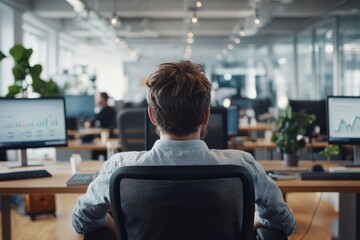 Fototapeta premium A person seated at a desk in a modern office, viewing multiple computer screens displaying data, underscoring a tech-driven and analytical work atmosphere.