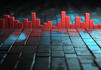 Obraz premium Glowing red and blue line chart going up on black background, stock market graph trending upwards