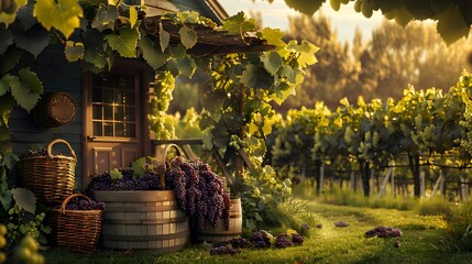 Family Vineyard with Grape Baskets at Golden Hour