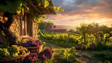 Small Cottage Surrounded by Grapevines and Fresh Grapes