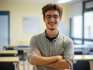Fototapeta premium Young man standing confidently in classroom. Smiles happily, arms crossed. Interior setting. Daytime light. Suitable for education related articles. Student portrait for educational websites. Could