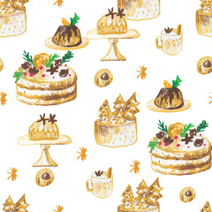 Seamless pattern with Christmas food on white isolated background hand drawn with wax crayons. New Year elements with oil pastels.