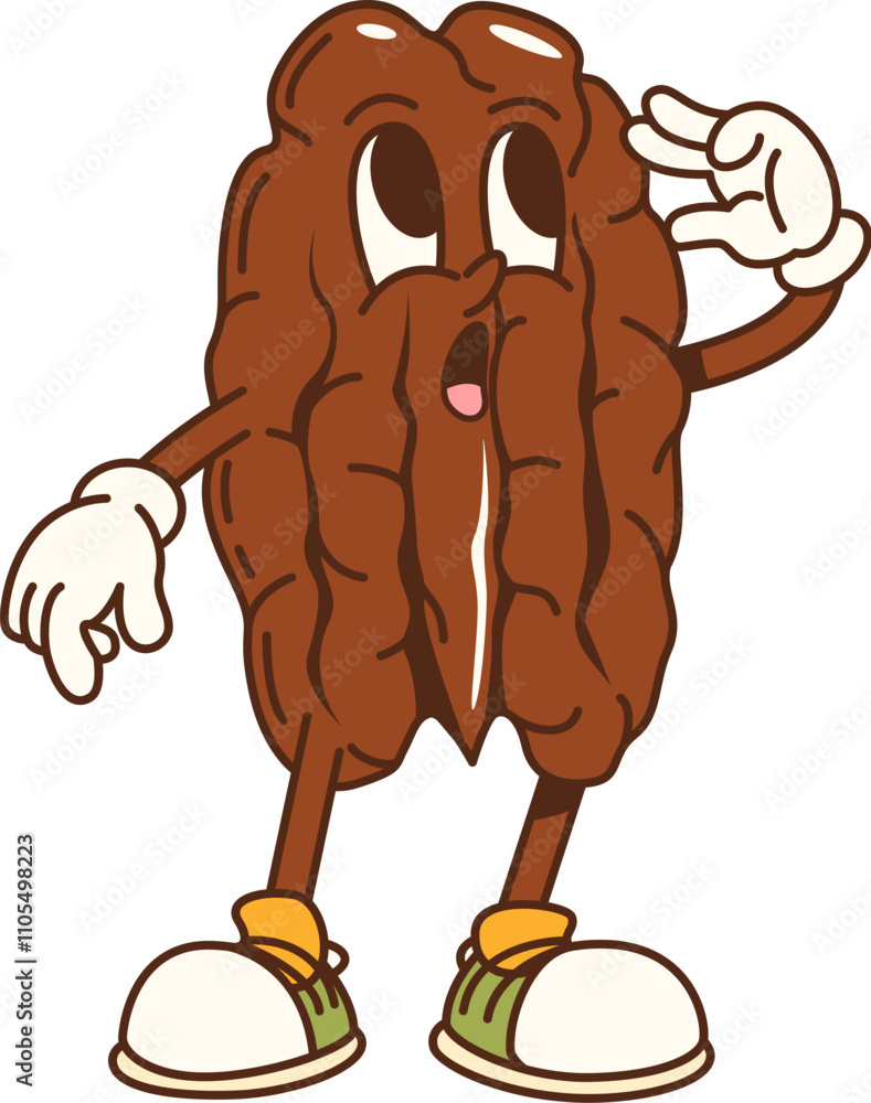 Poster cartoon groovy pecan nut character exudes hippie y2k vibes with surprised expressions and. isolated 