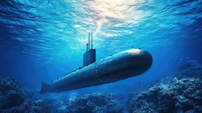 Military submarine glides through crystal-clear ocean waters. Underwater vessel, marine life. Deep blue background. Sea exploration. Spy at bottom of reservoir.