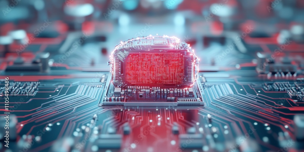 Poster a central processing unit (cpu) emits a vibrant red glow, resting on a highly detailed and illuminat